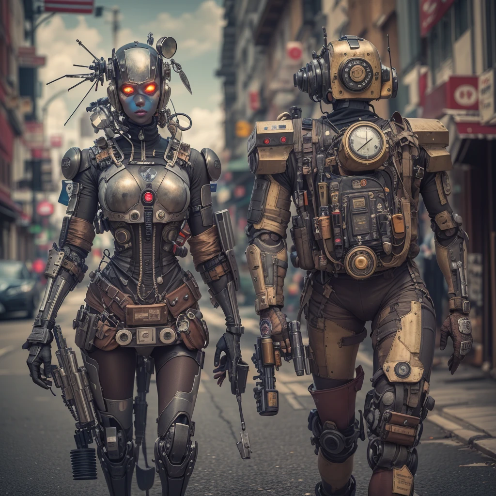 They are two robots walking down the street with guns, detailed cinematic photography, steampunk digital art, big studio, Still images from TV series, Anthropomorphic female, Recommended on Vimeo, yasuke 5 0 0 px model, Robert Koehler, Interconnected human life forms, Shooting with an anamorphic lens