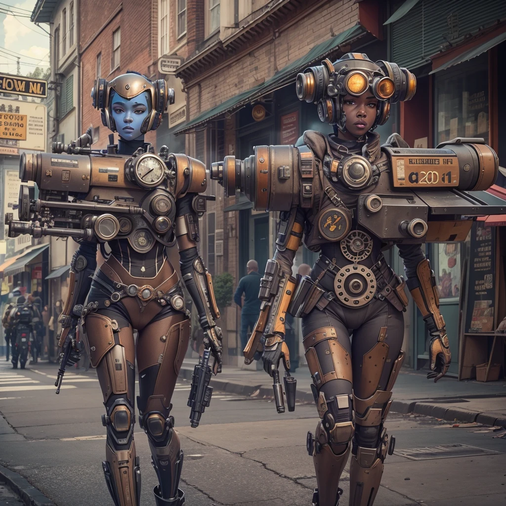 They are two robots walking down the street with guns, detailed cinematic photography, steampunk digital art, big studio, Still images from TV series, Anthropomorphic female, Recommended on Vimeo, yasuke 5 0 0 px model, Robert Koehler, Interconnected human life forms, Shooting with an anamorphic lens