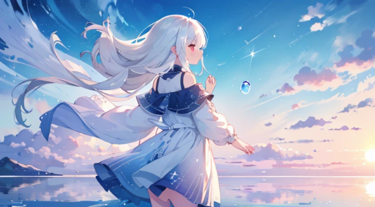 One girl、Salar de Uyuni、​masterpiece、top-quality、Oldest image quality、cute little、profile、Seen from afar、Beautiful sky、water reflections、ripple on water、summer  dress、white  hair、Very long hair、Spreading hands、