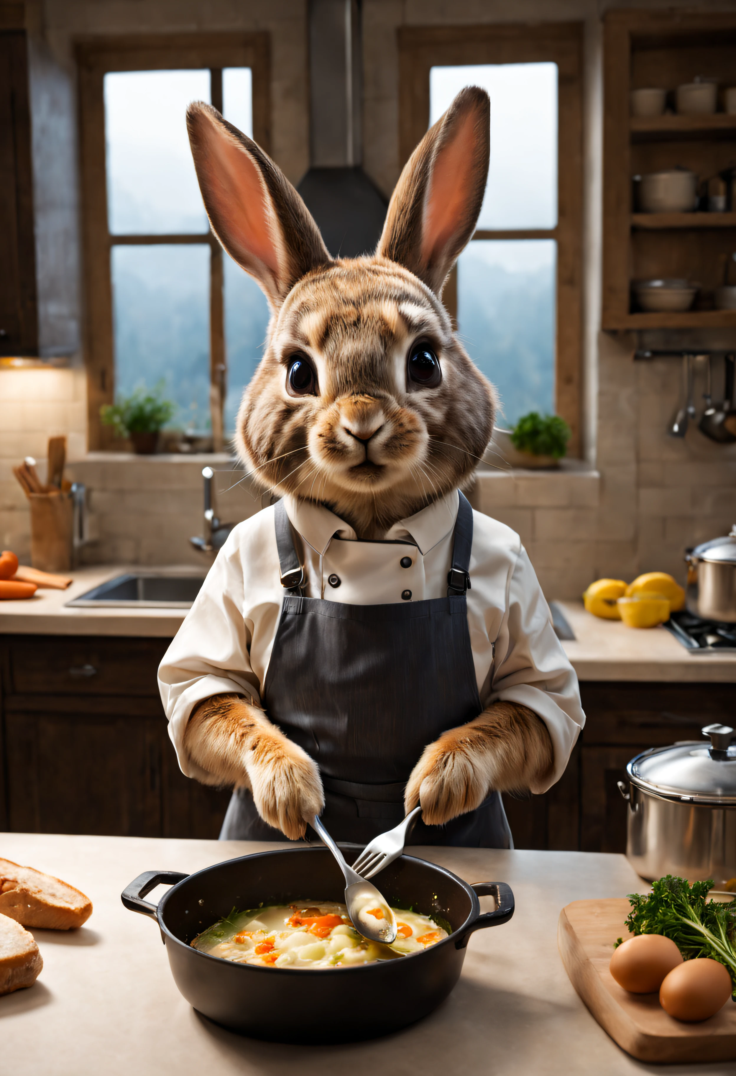 Un lapin mignon, habillé en cuisinière, qui fait la cuisine