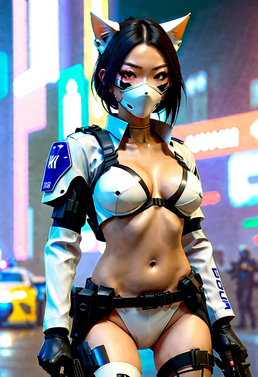 sci-fi city riot with humanoid aliens, beautiful Asian cyberpunk girl wearing a revealing police riot uniform holding a baton, nude, topless, thong, jacket, handcuffs, pistol in holster, police riot helmet, standing next to a police riot android, quad drills, mask, longeyelashes, cat ear headphones, evil smile, makeup, parted lips, angry, masterpiece, ccurate, anatomically correct, textured skin, high details, best quality, 8k, highres, award winning, masterpiece, anatomically correct, super detail, award winning, best quality, 16k