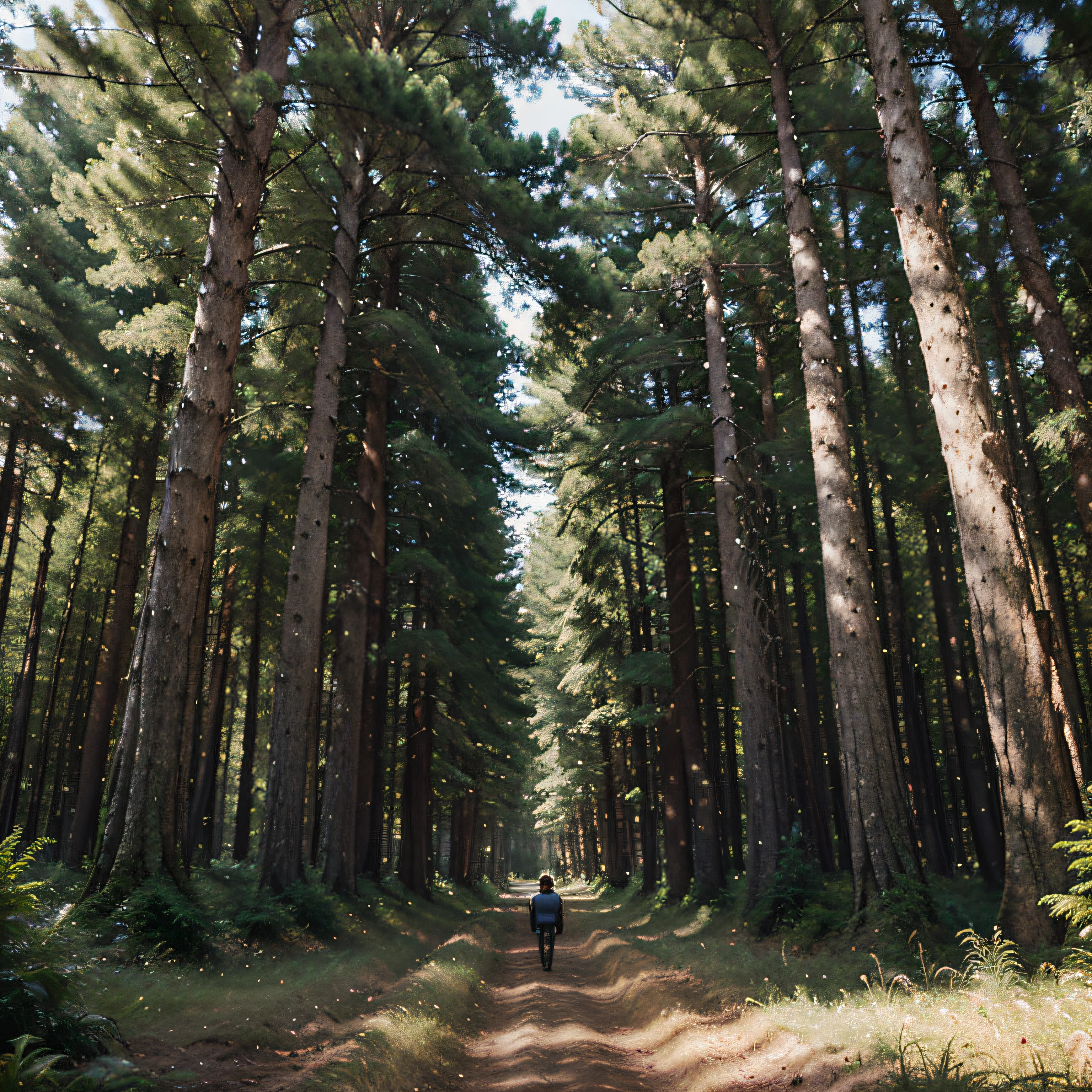 create a digital matte painting for a giant forest with giant trees inside the forest a male astronaut flies over the ground near a green grass on the path