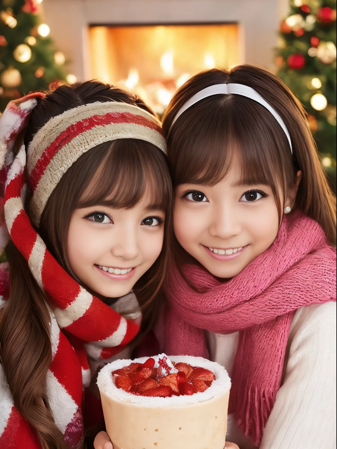 (Best Quality,Photorealistic,hight resolution),2girls,Beautiful detailed eyes,Beautiful detailed lips,Smiling,Laughing,Cute,Christmas Eve,Happy,having fun,Winters,Joyful,excited,Twinkling lights,Decorated Christmas Tree,clew,cosy atmosphere,Warm fireplace,magical moments,sparkling stars,Glowing candles,snowflakes falling,ground covered with soft snow,colorful holiday decorations,red and green colors,Elegant dresses,Fluffy scarves,Happy memories,cherish sisterhood,love and laughter、-yeld sirs、a baby face、Looking a camera、Present Box、