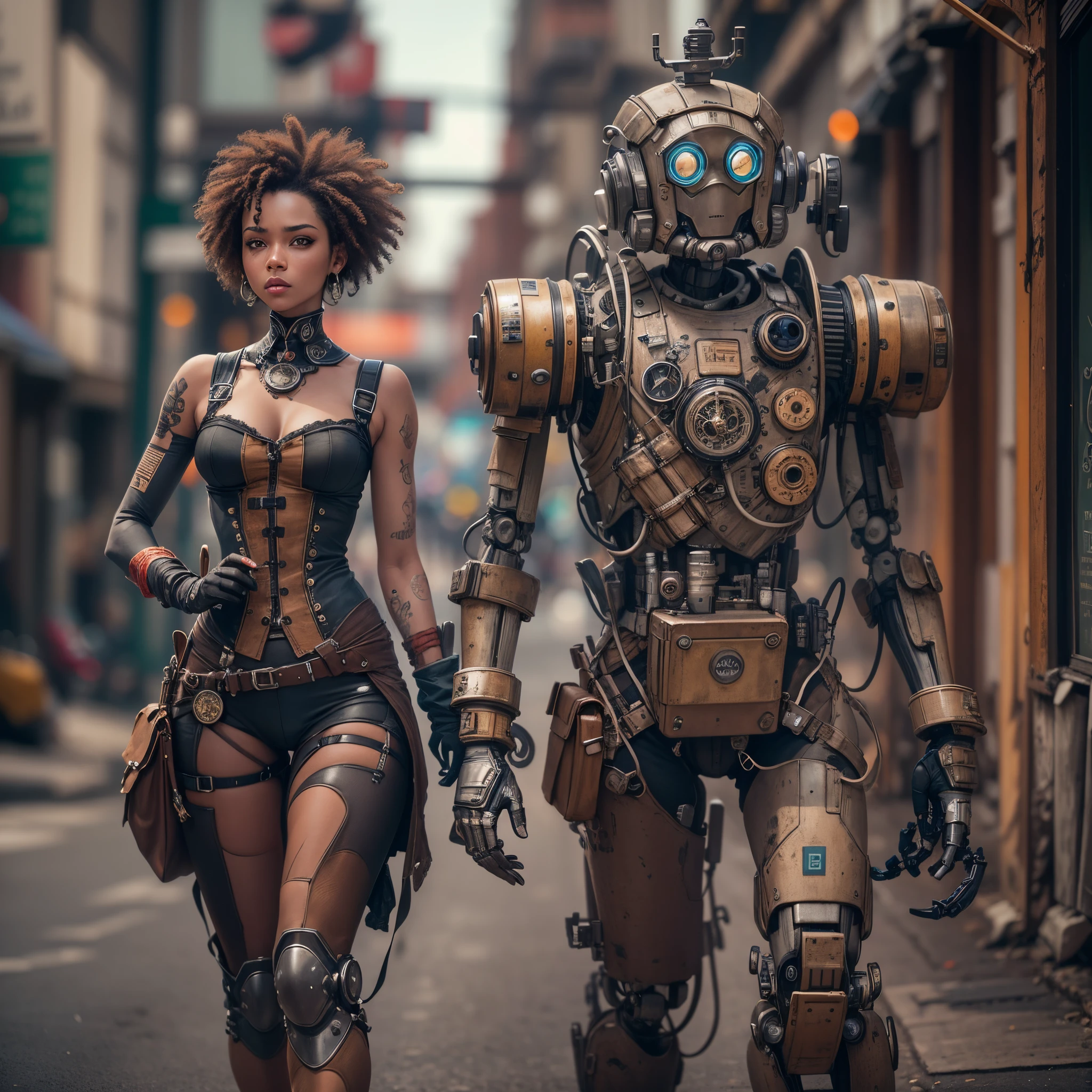 They are two robots walking down the street with guns, detailed cinematic photography, steampunk digital art, big studio, Still images from TV series, Anthropomorphic female, Recommended on Vimeo, yasuke 5 0 0 px model, Robert Koehler, Interconnected human life forms, Shooting with an anamorphic lens