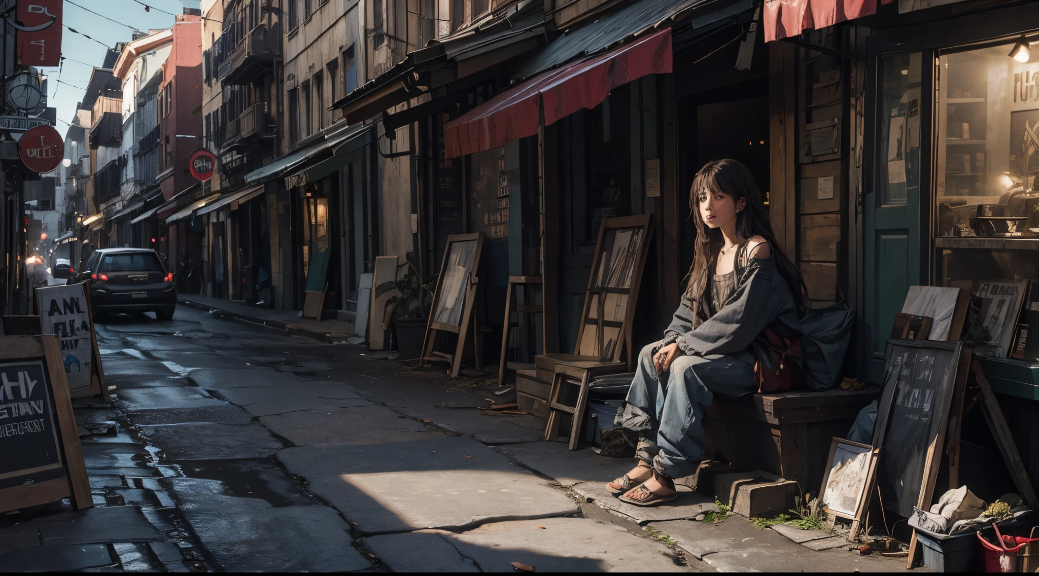 beautiful little beggar,Western streets,Long hair,dirty,virtuous,Ragged clothes,4K, hyper HD,