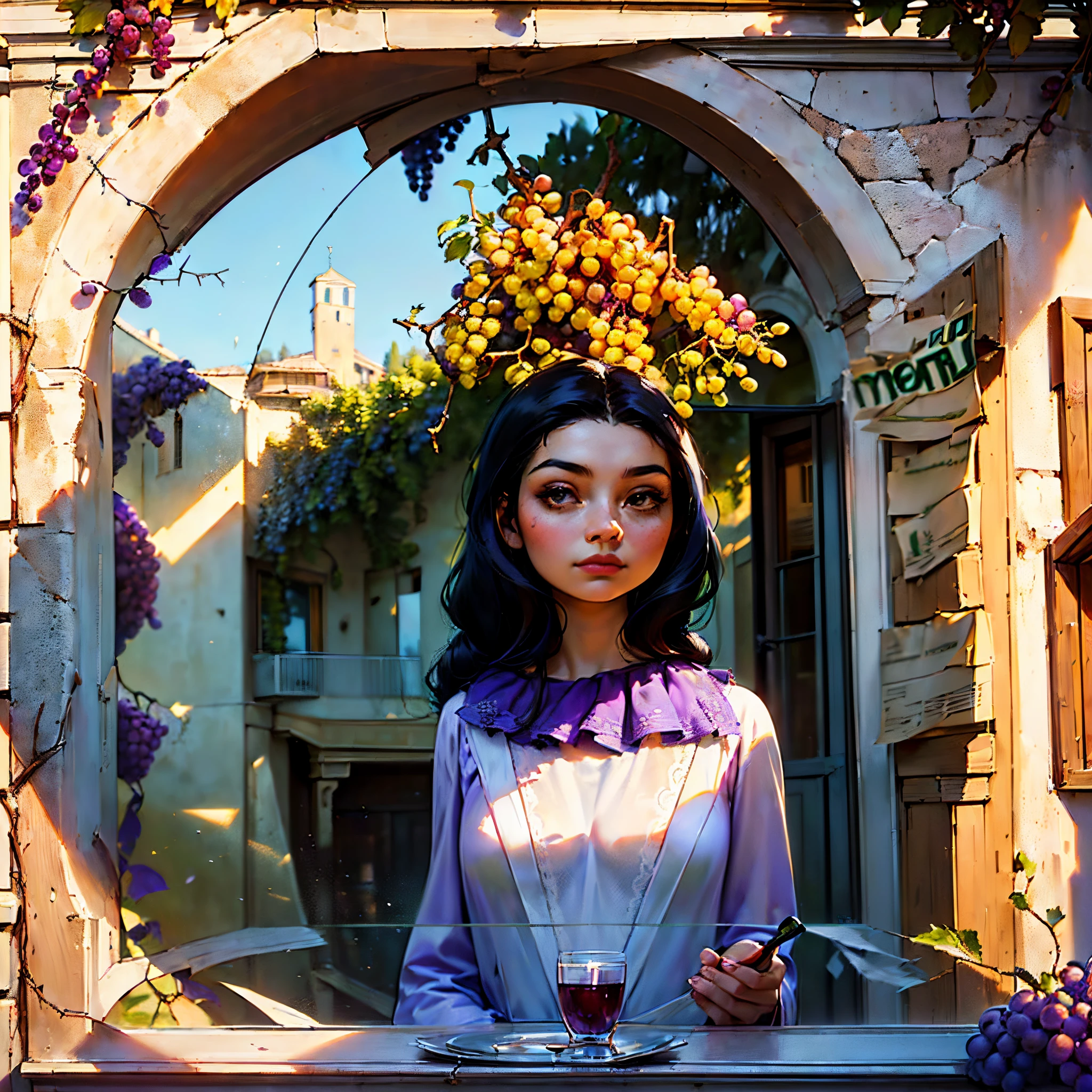 close up street shop , window in a mediterranean house, window on old wall , sfw (( upper body, )) solo gipsy girl selling grape juice from a window, beside of a menu, long hair gipsy girl ((( the background: wall of a mediterranean house open window on the street , with cracks in the wall and grapes tree branches and grapes in a window , mediterranean house window, realistic render, realistic artstyle, artwork in the style of guweiz, mediterranean house window, a poster of attractive gypsy girl selling grape juice from a mediterranean house window ,a cartoon of a girl holding a glass of grape juice in f menu photo, screencapture, illustration, standing in window, drawn image, ,