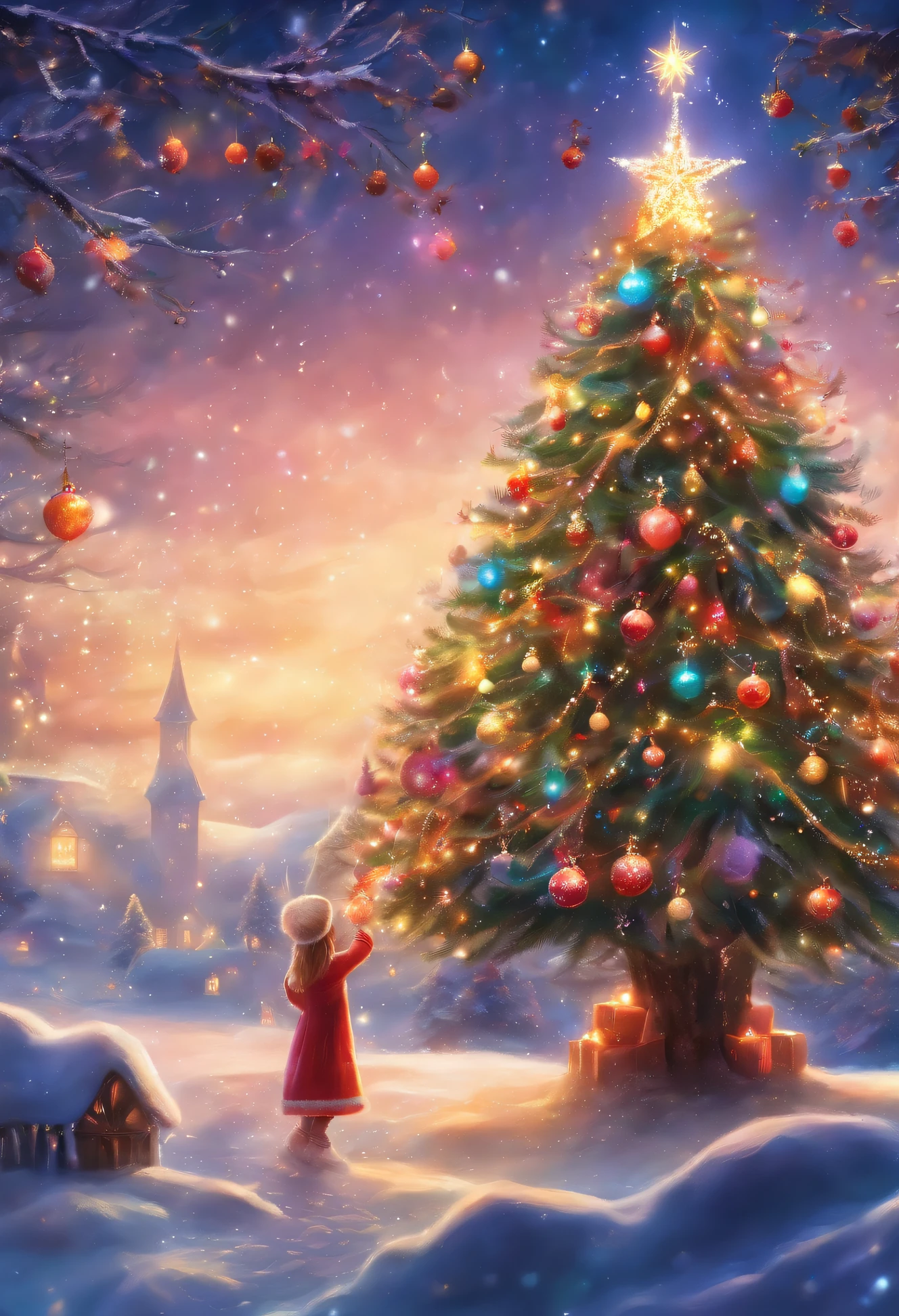 Thick white snow world,A huge 20-meter-tall Christmas tree stands in the center of the fairy tale world town,tas'Full of starry lanterns,diamond,Christmas tree branches covered with thick snow,Match the lighting,The sky still snowing,The girl clasped her hands together,Make beautiful vows in front of the Christmas tree,girl facing audience,ultra HD picture quality,Ultra-detailed depiction,Contrasting color rendering,proporções perfeitas,dream love beautiful,逼真光线,Uptrend,tmasterpiece,handwriting,8K,Cinematic texture,complicated decoration,Christmas close-up,Close view of couple under tree,Christmas tree close up,increase the brightness,Picture ultra high definition