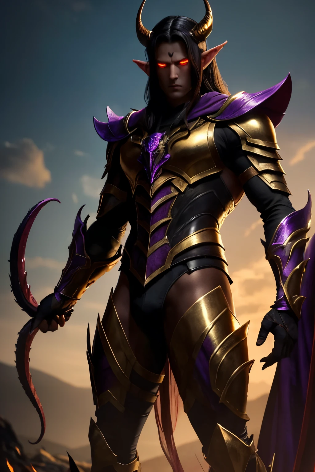 Young handsome male elf, Brunette with short black hair, and black horns, purple glowing eyes eyes, confident beautiful face. Dressed in golden shining armor, , strong muscular beautiful body, Masterpiece, finely detail, saturated colors, dramatic  lighting, Extremely detailed, Cinematic lighting. Stands at full height in a proud pose.. Red tones, madness and horror. Shadow monster silhouette in the background, squid tentacles like a frame throughout the picture