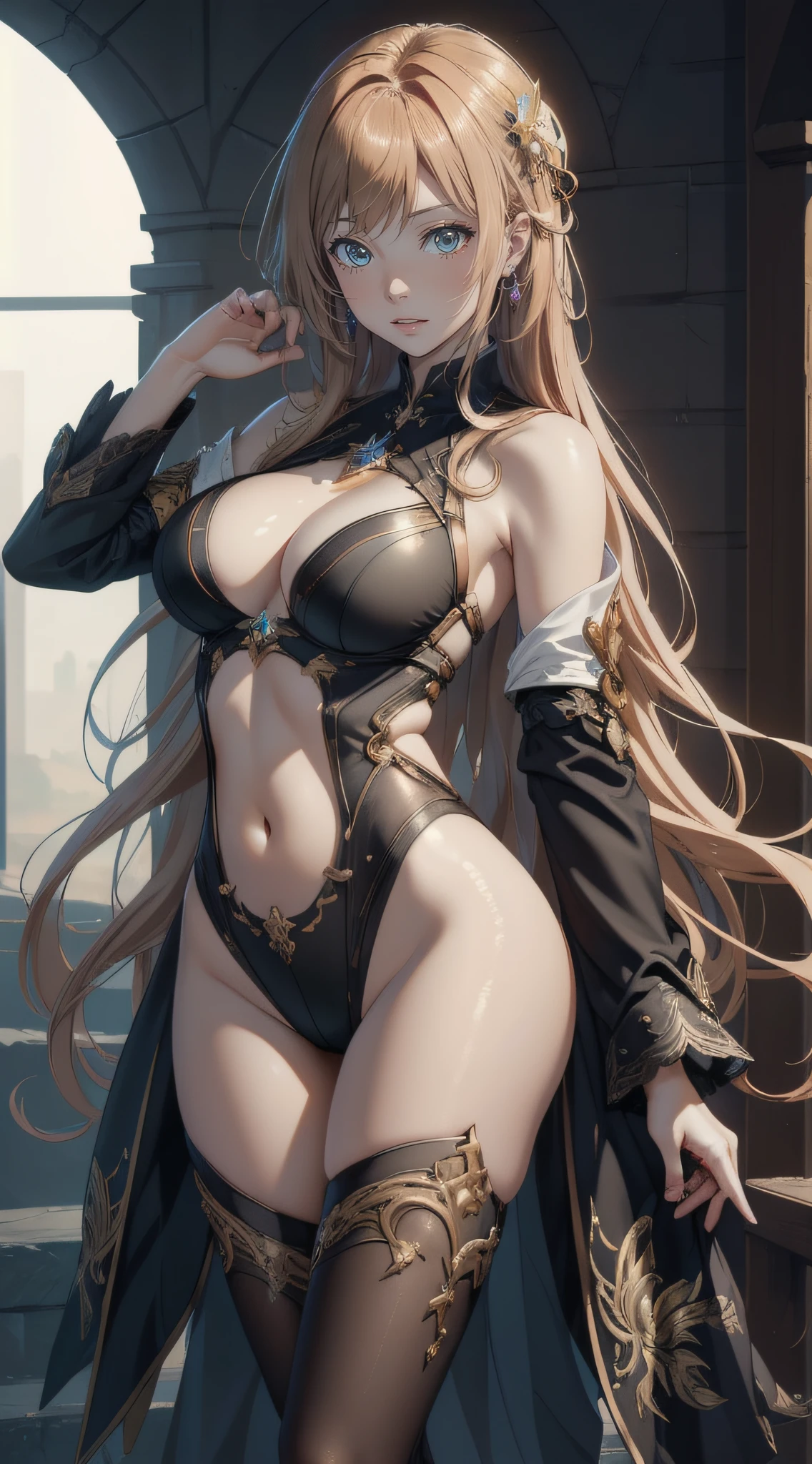 (Cinematic scene,Fantasy Art,Highest image quality,hyperrealistic portrait,(8K),Ultra-realistic,Best Quality,High quality,High Definition,high quality texture,high detailing,Beautiful detailed,fine detailed,extremely details CG,Detailed texture,realistic representation of face,masutepiece,presence,Dynamic,Bold),1gir,Ultra detailed skin,Curve,Petite,Beautiful breasts,Large breasts,pale skin,pointed breast,Erect nipples,(Thin hair),(Soft hair),(ultra straight hair),Swept long bangs,very light coppery amber hair,Hair over one eye