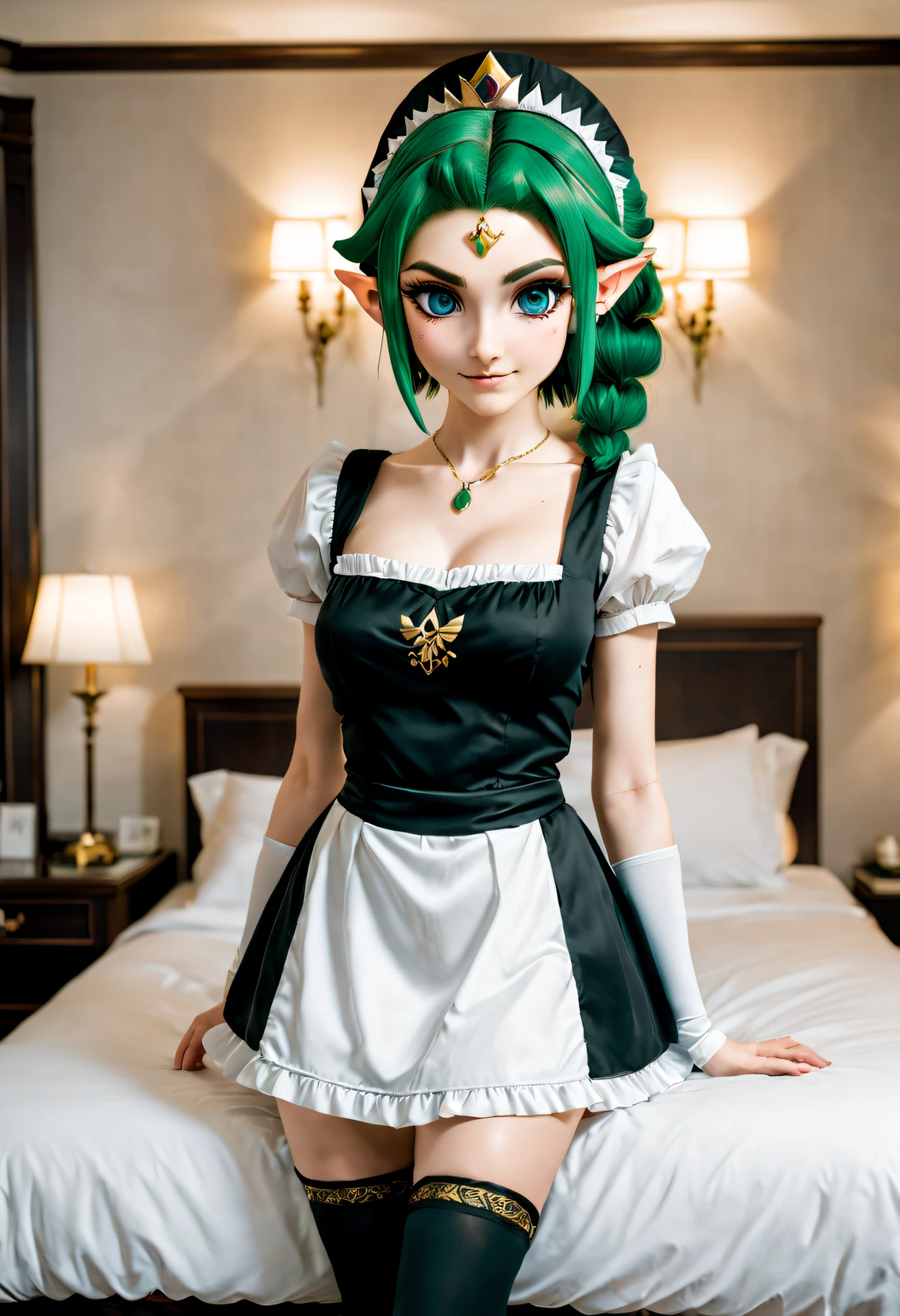 (Full-body image:1.5), (Princess Zelda, Eternal, Alone:1.2) ,(:1.5), (She wears a black maid outfit,Paired with a very short white skirt/Her clothes were tight:1.3), (She was in front of the bed in her hotel room:1.3), She's having (eBlue eyes, Dark green mohawk hair:1.2), (she's smiling, looking at viewert. Exhibitionist pose:1.2), style of anime, 16k, Best quality, high detal, ctextured skin, hyper HD, tmasterpiece, Anatomically correct