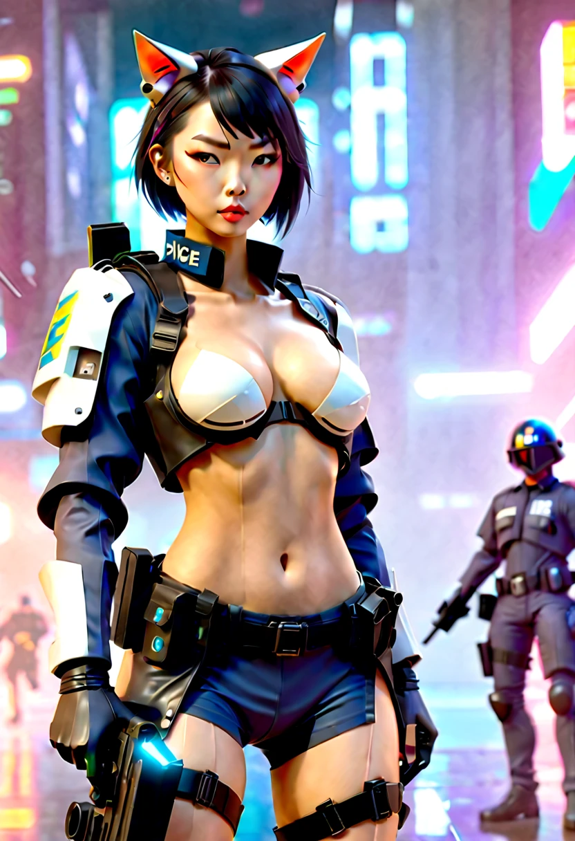 sci-fi city riot with humanoid aliens, beautiful Asian cyberpunk girl wearing a revealing police riot uniform holding a baton, nude, topless, thong, jacket, handcuffs, pistol in holster, police riot helmet, standing next to a police riot android, quad drills, mask, longeyelashes, cat ear headphones, evil smile, makeup, parted lips, angry, masterpiece, ccurate, anatomically correct, textured skin, high details, best quality, 8k, highres, award winning, masterpiece, anatomically correct, super detail, award winning, best quality, 16k