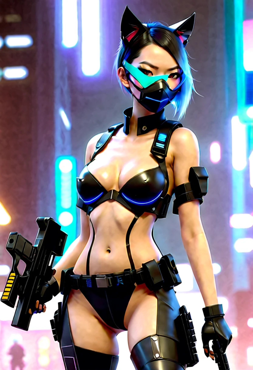 sci-fi city riot with humanoid aliens, beautiful Asian cyberpunk girl wearing a revealing police riot uniform holding a baton, nude, topless, thong, jacket, handcuffs, pistol in holster, police riot helmet, standing next to a police riot android, quad drills, mask, longeyelashes, cat ear headphones, evil smile, makeup, parted lips, angry, masterpiece, ccurate, anatomically correct, textured skin, high details, best quality, 8k, highres, award winning, masterpiece, anatomically correct, super detail, award winning, best quality, 16k