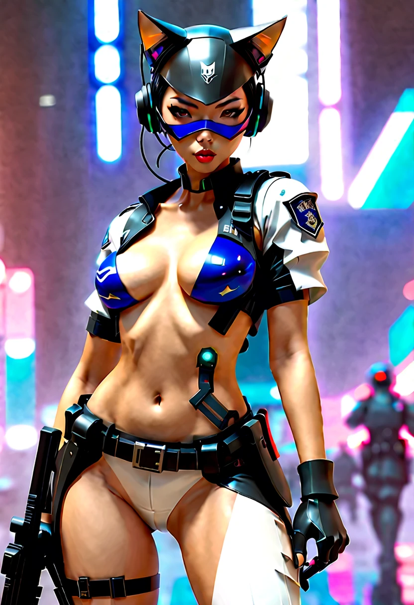 sci-fi city riot with humanoid aliens, beautiful Asian cyberpunk girl wearing a revealing police riot uniform holding a baton, nude, topless, thong, jacket, handcuffs, pistol in holster, police riot helmet, standing next to a police riot android, quad drills, mask, longeyelashes, cat ear headphones, evil smile, makeup, parted lips, angry, masterpiece, ccurate, anatomically correct, textured skin, high details, best quality, 8k, highres, award winning, masterpiece, anatomically correct, super detail, award winning, best quality, 16k