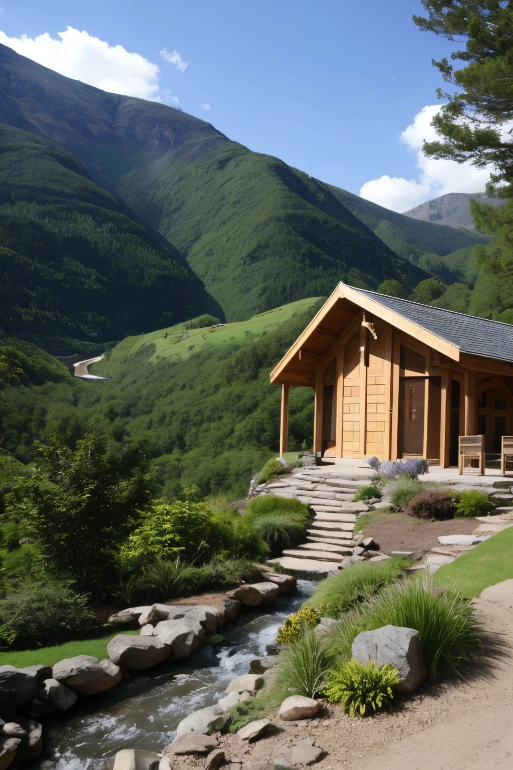 Beautiful chapel inside, build with wood, on the top of a mountain, open view of the valley below it and natural mountain stream running thru the inside of the chapel natural growing plants and flowers