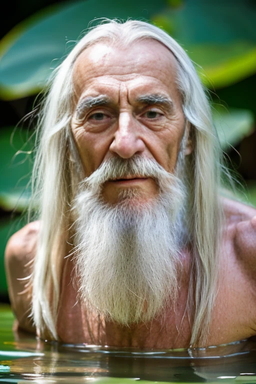 An elder with a long beard and white hair, with a serene face wrinkles, looking producing, body older weak, skinny bones hairy, body naked, his shirt was open to reveal his stomach wrinkles older hairy weak and chest, arms legs neck hands feet skinny old and weak, shy and blushed, Lying in the water,water lily,lotus leaf,Closed eyes,master-piece,4K images,beste-Qualit