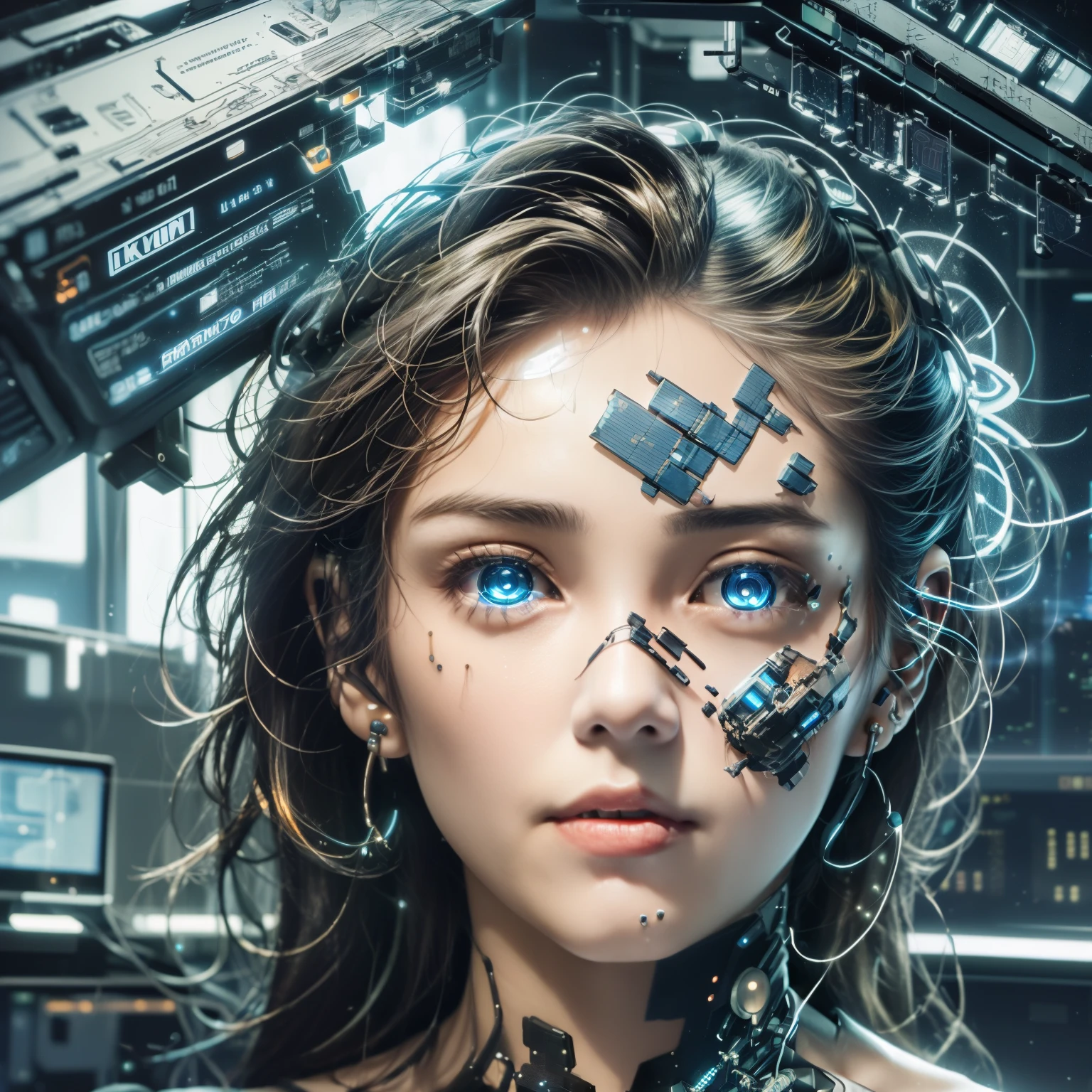 1girll,(Cyberpunk Personality:1.3),Bring headphones,Illuminated helmet and headphones,Sparkling Jewelry,glowing earrings,glowing necklace,inside in room,Electron beam background,best qualtiy,tmasterpiece,Movie filter preset movie level lighting,C4D Rendering,rendering by octane,with light glowing,((Orange Light)),(full body Esbian:1.5),Slender Leg,perfect foot,Hykiaroscuro,(No light on the face :1.5)