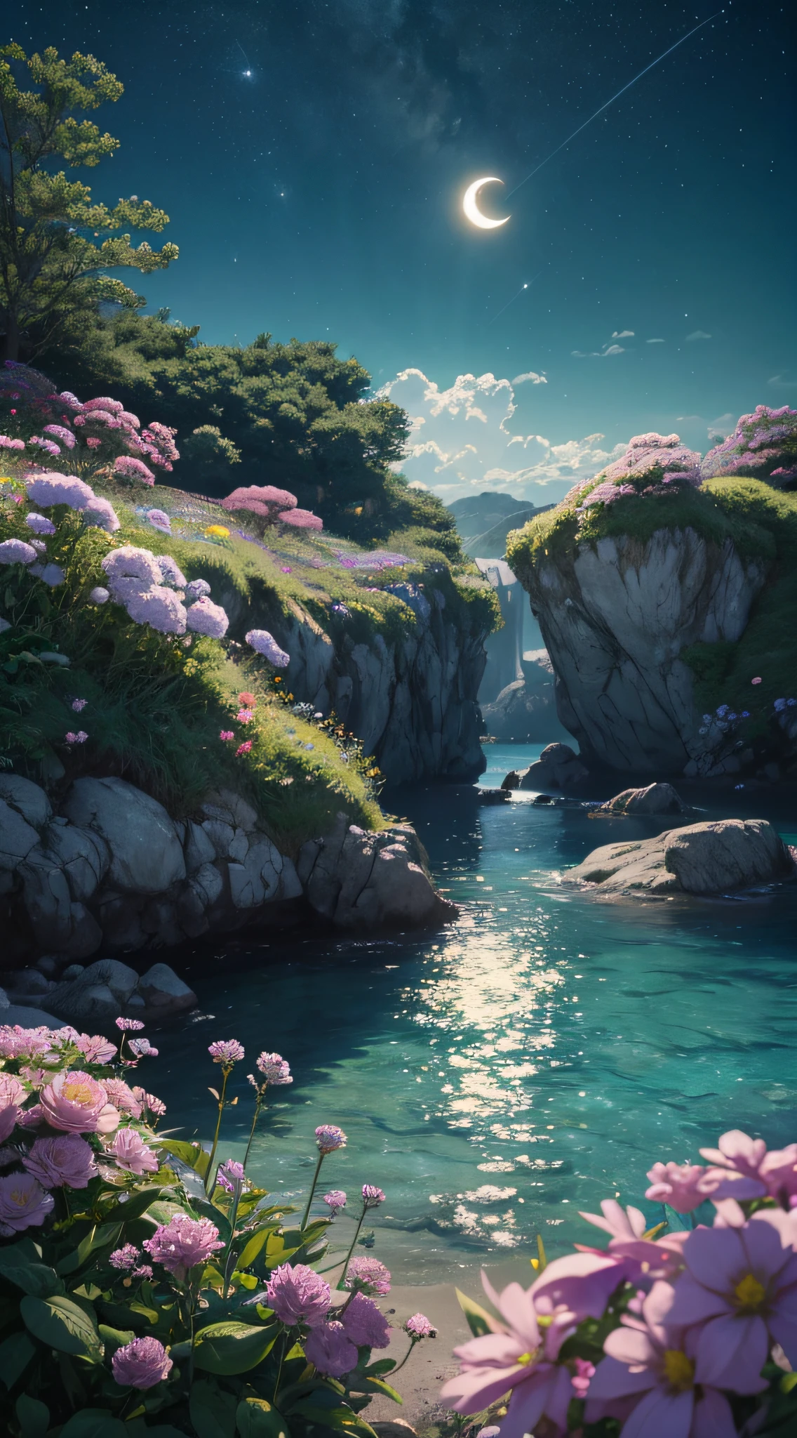 hayao miyazaki summer,ultra-wide-angle,natta,CG translation,sea beach,green light,blossoms,8K details,glowworm,Ocean of Starlossoms,Hazy crescent moon illumination,8K,Octane translation,super wide shot,john cho'magnificent and incredible miracle,atmospheric pressure,hyper realisitc,8K,Epic movies,Octane renderings Carl Clifton and Galen Lowell art website