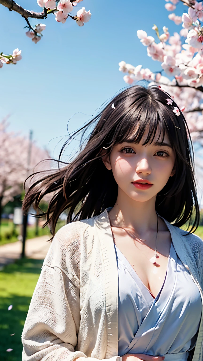 (A logo、masterpiece、8K、masutepiece、Raw photo、Fantastic、Best Quality、Photorealistic、extremely detailed CG unified 8k wallpaper、hightquality、ighly detailed、epic poem、Particle effect、Dynamic effects、depth of fields、Cinematic Light、Lens Flare、Ray tracing)、Fantasia、 (1 beautiful woman in a white coat、robe blanche、Japanese dress、White cherry blossom pattern、A dark-haired、Beautiful face、Real Face、Beautiful detail eyes、Beautiful skin)、Hair flutters in the wind、Hair jumps、Pink cherry blossom tree、Petals flutter、Sakura blizzard、Superb view、morning glow、Sun in the background、the wind、Deities、tusk、myth、Vast Land、