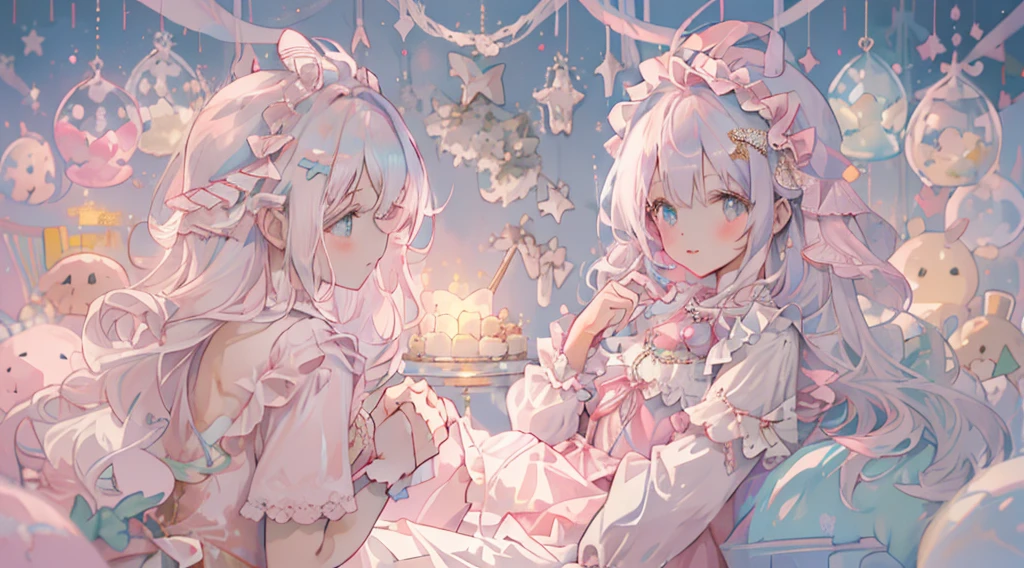 masterpiece, top-quality, 1girl in, sitting on, shorth hair, , white hair, 、Pink and light blue dress, ruffles from above、Christmas atmosphere、Glittering Christmas Tree、pink treasure、Pink gradient background