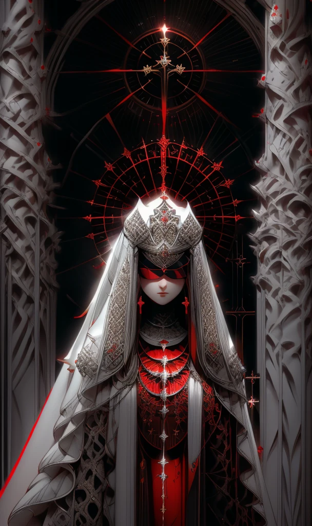 the goddess by shadrach jaroshelev, in the style of gothic futurism, dark white and light red, hyper-detailed illustrations, uhd image, Gorgeous costume details, intricate costumes, (cathedral:1.6)(beautiful and clear background:1.4),
(Transparent blindfoldcoif:1.1), (full body:1.1),