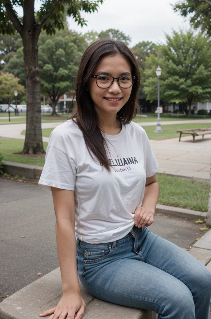 filipina, brown skin, outdoor, at the park, sitting, jeans, plain tshirt, with old lady in her 60s with eyeglasses, smiling