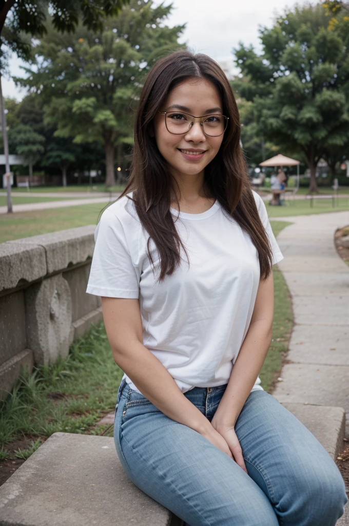 filipina, brown skin, outdoor, at the park, sitting, jeans, plain tshirt, with old lady in her 60s with eyeglasses, smiling