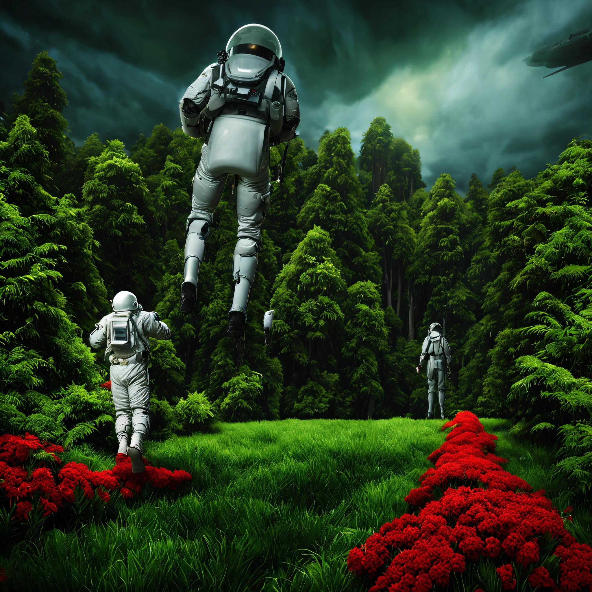 create a digital matte painting for a giant sci-fi forest with giant skyscrapers inside trees a male astronaut fly with suitpac rocket fly over the ground near a field of red buds flowers on the ground green grass on the path