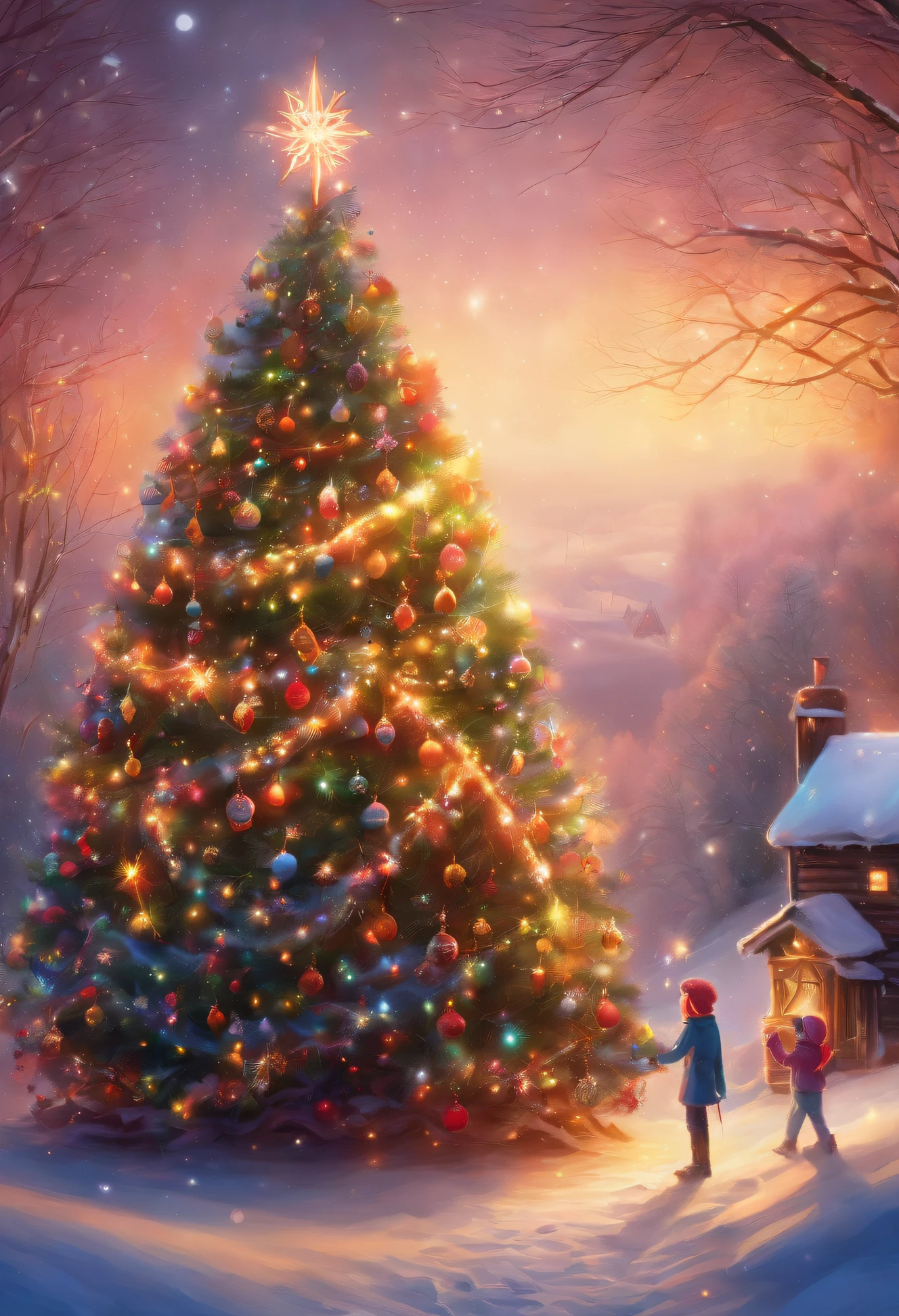 Thick white snow world，A huge 20-meter-tall Christmas tree stands in the center of the fairy tale town，hori&#39;Gypsophila lantern，diamond，Christmas tree branches covered with thick snow，Match lights，The sky  still snowing，The girl clasped her hands together，Make beautiful vows in front of the Christmas tree，girl facing audience，ultra HD picture quality，Ultra-detailed depiction，Contrast color development，proporções perfeitas，dream love beautiful，逼真光线，Uptrend，tmasterpiece，handwriting，8K，Cinematic texture，complicated decoration，Christmas close-up，Close view of couple under tree，Christmas tree close up，increase the brightness，Picture ultra high definition