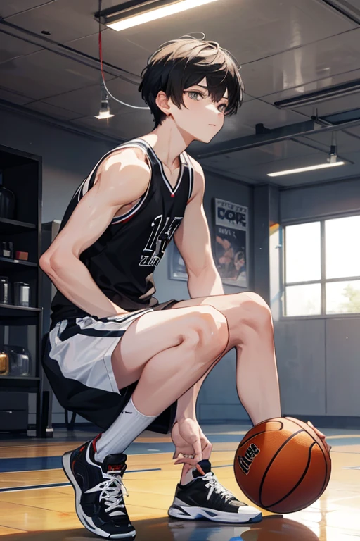 masterpiece,high quality,1 boy,black short hair,basketball player,gym