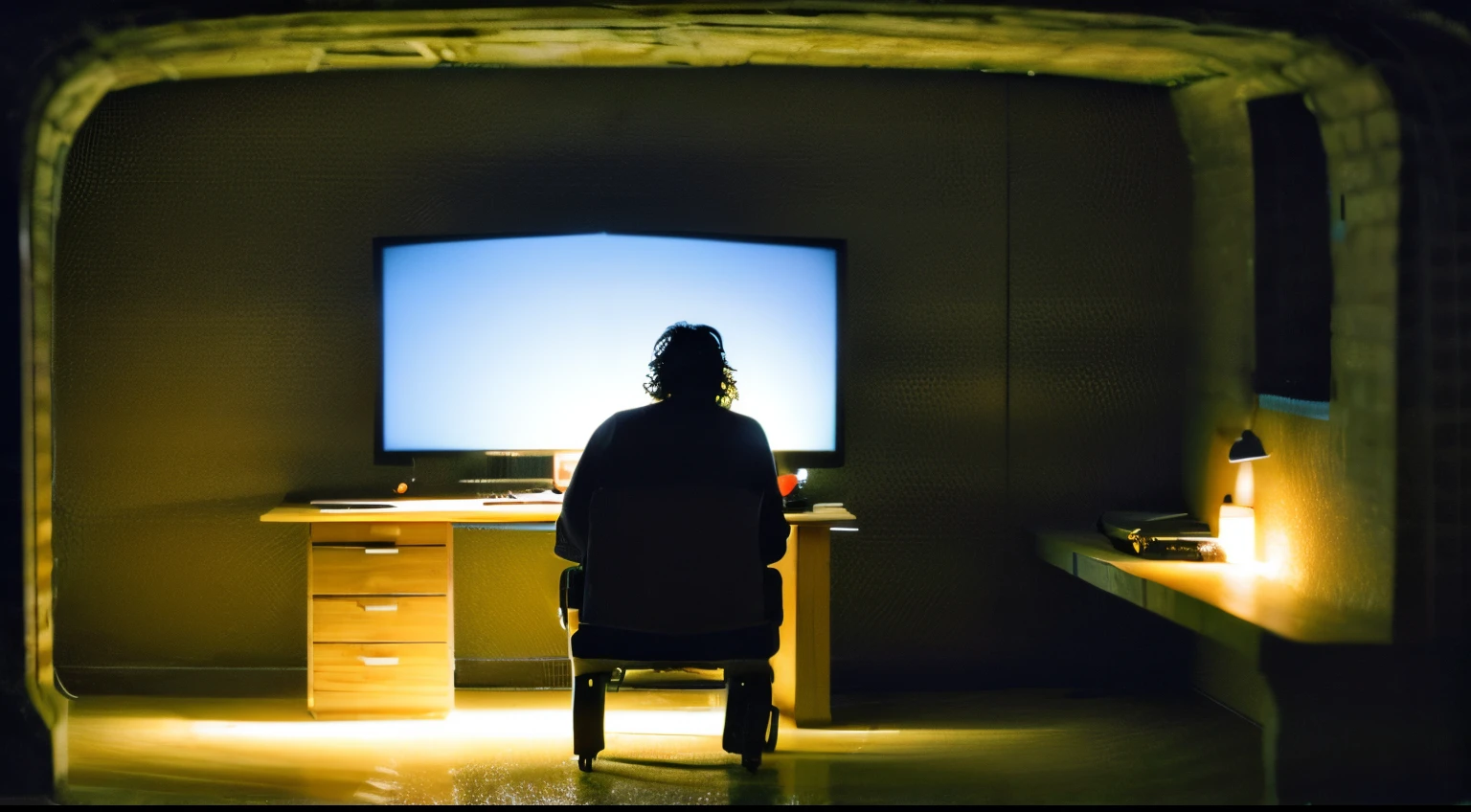A middle-aged man with messy hair，Sitting in a dark basement。There  a bed in the basement，a table，There  a computer on the table，&quot;Obituary&quot; real-life on computer screen
