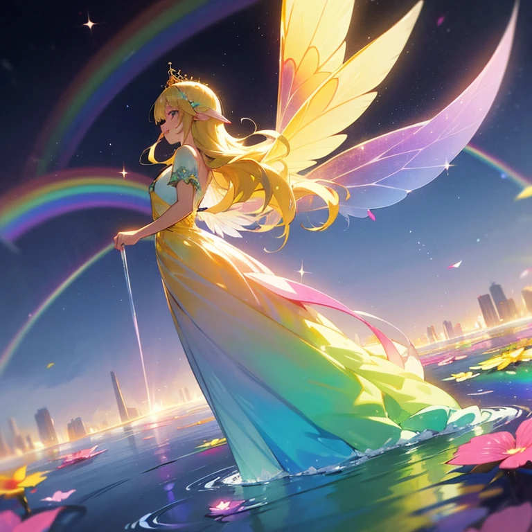 1 fairy girl,femele,Fairy Princesses,Irridescent color,wholesome,clear white skin,Pastel Rainbow,pastel aurora,Rainbow fluffy long dress wrapped in light,Aurora,Colorful eyes,Sparkling eyes,big eye,Bright blonde hair,Smooth long hair,a golden tiara,Shining fairy wings grow from her back.,2 fairy wings,transparent fairy wings,capable of flight,Rainbow Hair Color,PastelColors,rainbow,Beautiful fece,a colorful,Delicate,Happiness,Deities,A smile,Gentle,Warm shades,warm personality,Adults,Fantasia,glitters,faerie,butterflys々,Dreamy,cute little,Golden light,rainbow fountain,planet earth,Rainbow flower garden,to stand,toes touch the water surface,body facing forward,Best Quality,high-level image quality