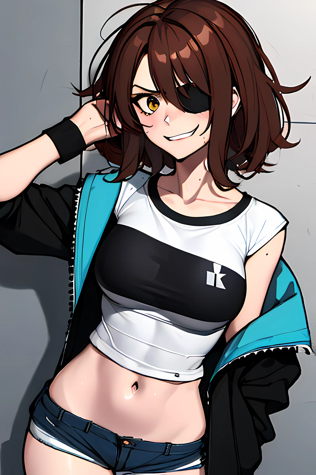 (absurdres, 8k, 4k, masterpiece, hyper extreme detailed:1.2), solo, 1girl, front view, portrait, best quality, expressive eyes, perfect face, 1girl, portrait, solo, standing, Female, toned body, mature female, small breasts, pale, hair covering one eye, dark brown hair, long hair, eyepatch, sarcastic, snarky, soldier, hazel eyes, delinquent, sarcastic, crazy eyes, messy hair, swept bangs, midriff, hand on head, hand on shoulder, exposed collarbone, exposed left shoulder, standing up, annoyed, half body, graphic t-shirt, shorts, jacket, white shirt, graphic t-shirt,