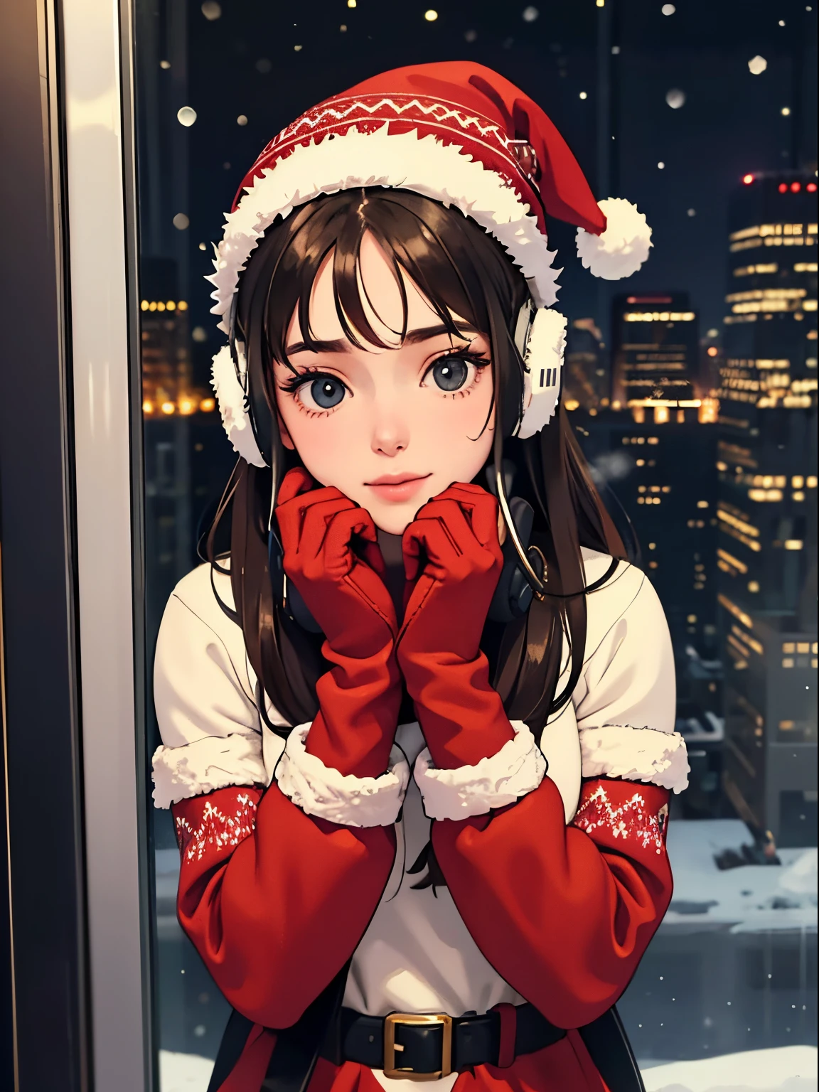 lofi relaxed one brunette girl with headphones drives inside bus, looks through window, head glued to window. winter night, it's snowing a lot. beautiful winter landscape of New York Rockefeller Center with huge (Christmas trees). travel. tourist. christmas sweater, gloves, winter hat. long hair. cold breath.