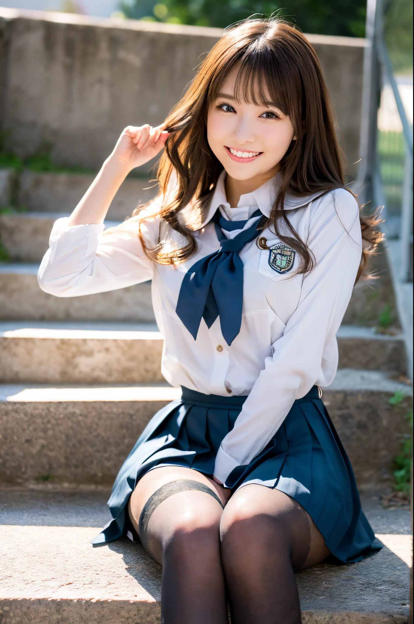 ulzzang -6500-v1.1, (Raw photo:1.2), (Photorealsitic), Beautiful detailed, (Real: 1.4),((preteen)), Beautiful Girl, Model body, big eye, Small breasts,  (Japan School Uniforms:1.2), (Ultra-realistic stockings:1.2), Climb the stairs、Shot from below、Very white skin, Long hair, Wavy Hair,  game_nffsw, huge filesize, hight resolution, ighly detailed, top-quality, [​masterpiece:1.6], illustratio, ighly detailed, nffsw, finely detail, top-quality, 8k wallpaper, Cinematographic lighting, 1girl in, age19, perfect body type, Sareme, beautiful tbig eyes、Pieckfinger, ((masutepiece)), Best Quality, 1girl in, eye shadow, Portrait, ((FULL BODYSHOT:1.4))、(Very affectionate smile:1.2)、realistic skin textures、shinny skin、Exposed thighs!!!