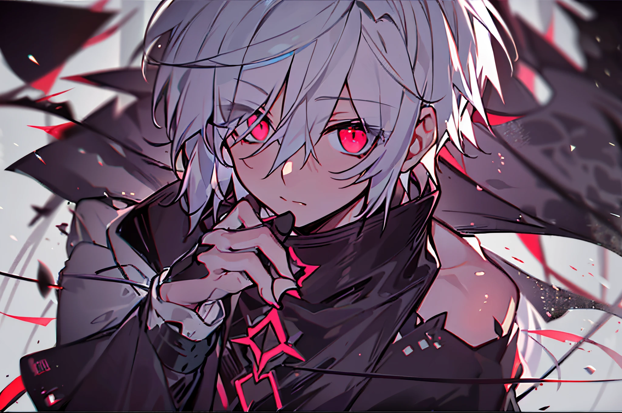((One Person)),Anime boy with white hair and red eyes staring at camera, Glowing red eyes,slim, dressed in a black outfit,monochromes,hair messy,deadpan、Diagonal angle,