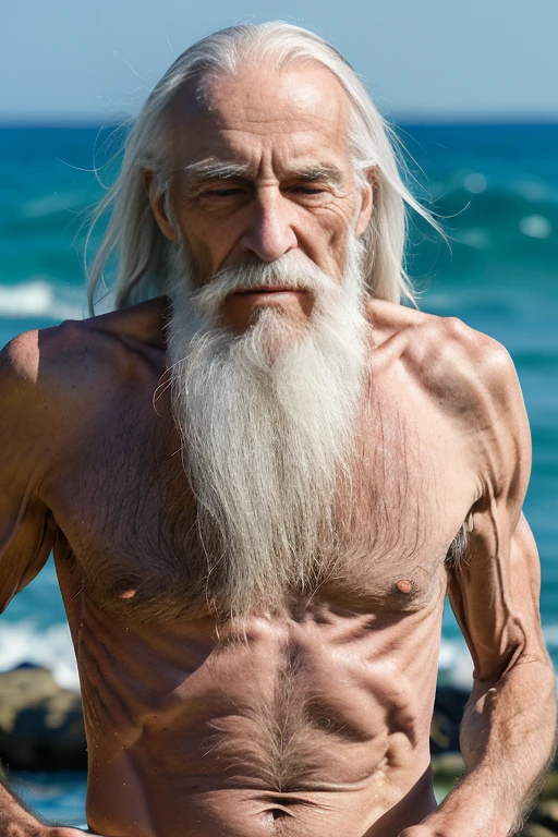 An elder with a long beard and white hair, with a serene face wrinkles, looking producing, body older weak, skinny bones hairy, body naked, his shirt was open to reveal his stomach wrinkles older hairy weak and chest, arms legs neck hands feet skinny old and weak, shy and blushed, Lying in the sea,water island,Closed eyes, one eyepatch black, master-piece,4K images,beste-Qualit