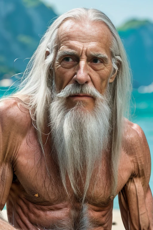 An elder with a long beard and white hair, with a serene face wrinkles, looking producing, body older weak, skinny bones hairy, body naked, his shirt was open to reveal his stomach wrinkles older hairy weak and chest, arms legs neck hands feet skinny old and weak, shy and blushed, Lying in the sea,water island,Closed eyes, one eyepatch black, master-piece,4K images,beste-Qualit