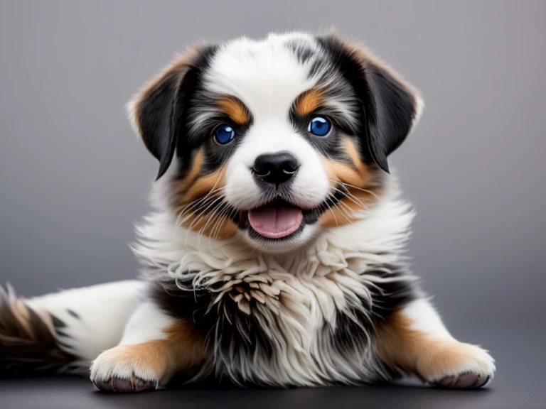 Australian shepherd blue merle puppy, odd eye, close up,White background