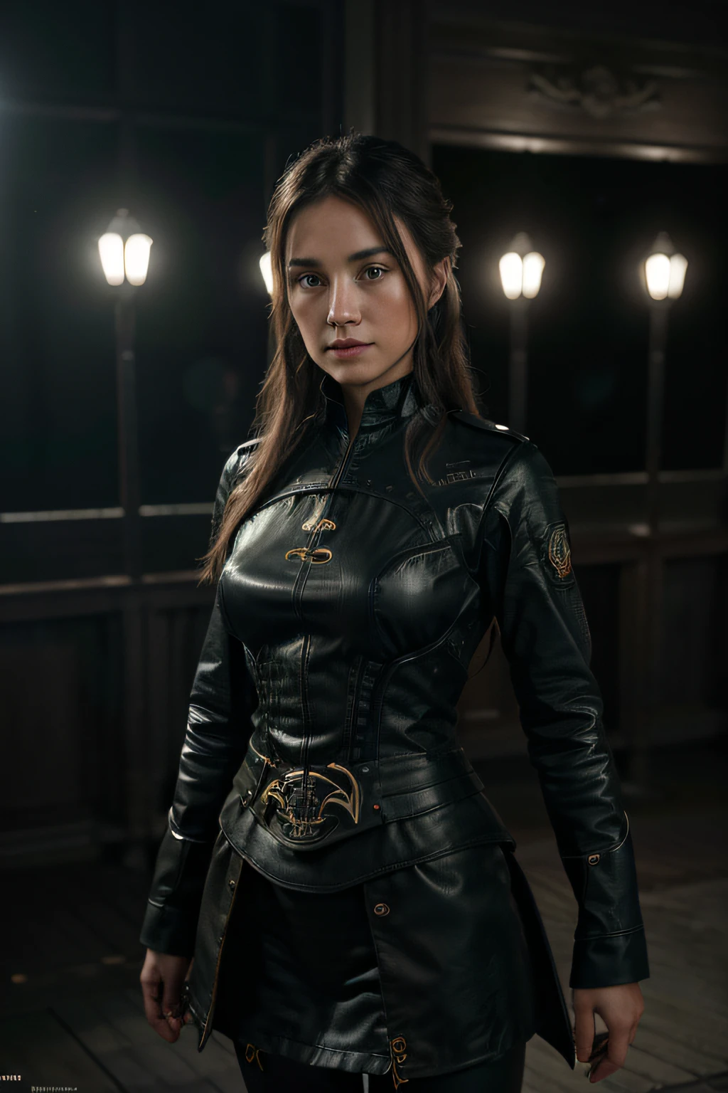 A woman in a black leather outfit standing in a dark room - SeaArt AI