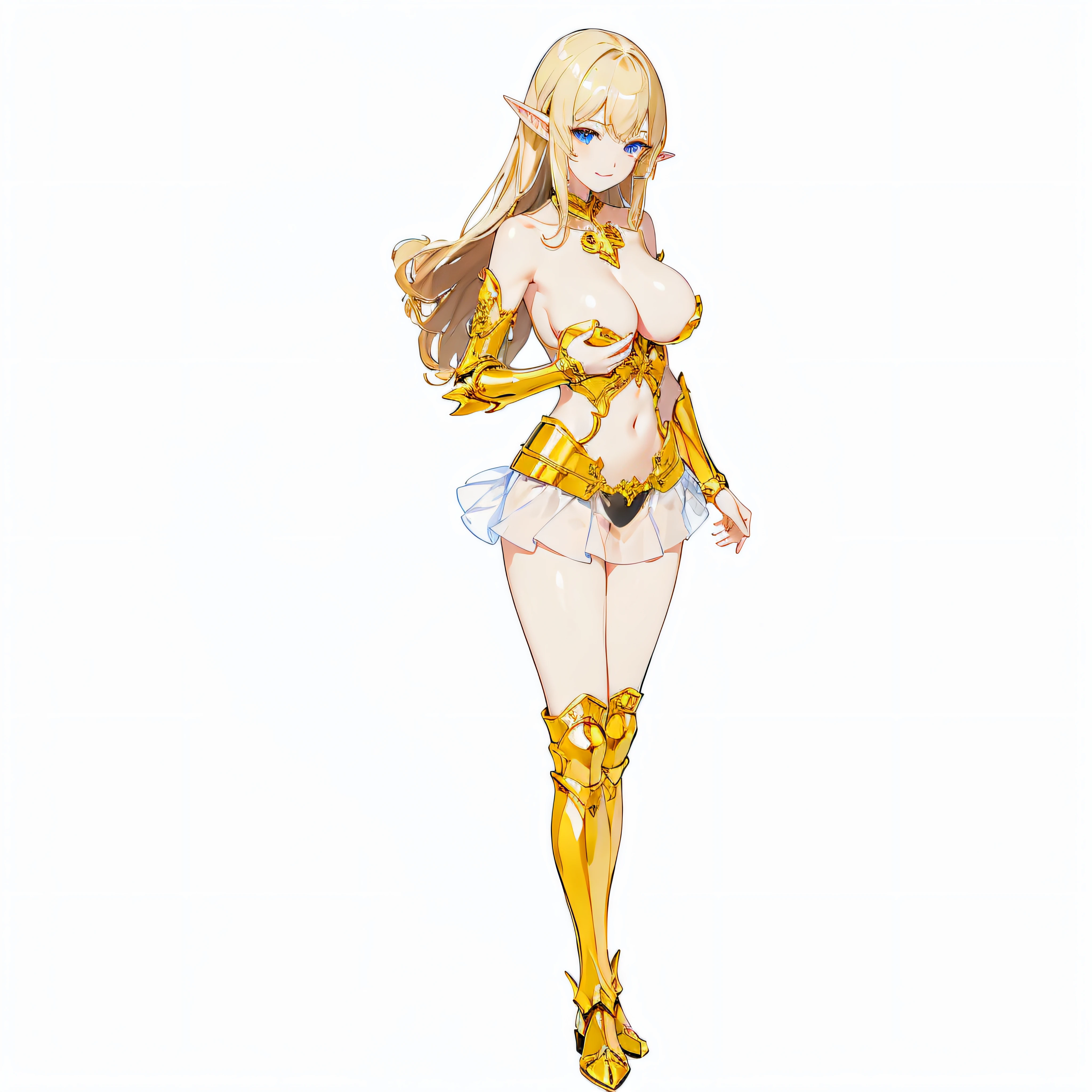masterpiece、top-quality、ighly detailed、hight resolution、16k、fullnude、Teetoob proportions、golden armour、Very thin skirt、Black pants、Very white skin、Beautiful fingers、Anime girl with very big breasts posing naked、Perfect Style、elvish、no-bra、Blonde blue-eyed、A smile、An elf girl