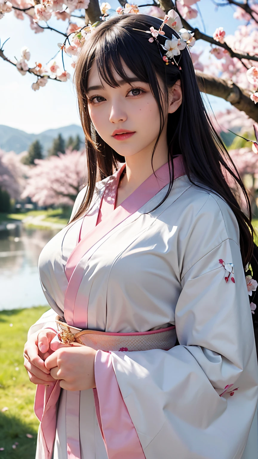 (A logo、masterpiece、8K、masutepiece、Raw photo、Fantastic、Best Quality、Photorealistic、extremely detailed CG unified 8k wallpaper、hightquality、ighly detailed、epic poem、Particle effect、Dynamic effects、depth of fields、Cinematic Light、Lens Flare、Ray tracing)、Fantasia、 (1 beautiful woman in a white coat、robe blanche、Japanese dress、White cherry blossom pattern、A dark-haired、Beautiful face、Real Face、Beautiful detail eyes、Beautiful skin)、Hair flutters in the wind、Hair jumps、Pink cherry blossom tree、Petals flutter、Sakura blizzard、Superb view、morning glow、Sun in the background、the wind、Deities、tusk、myth、Vast Land、
