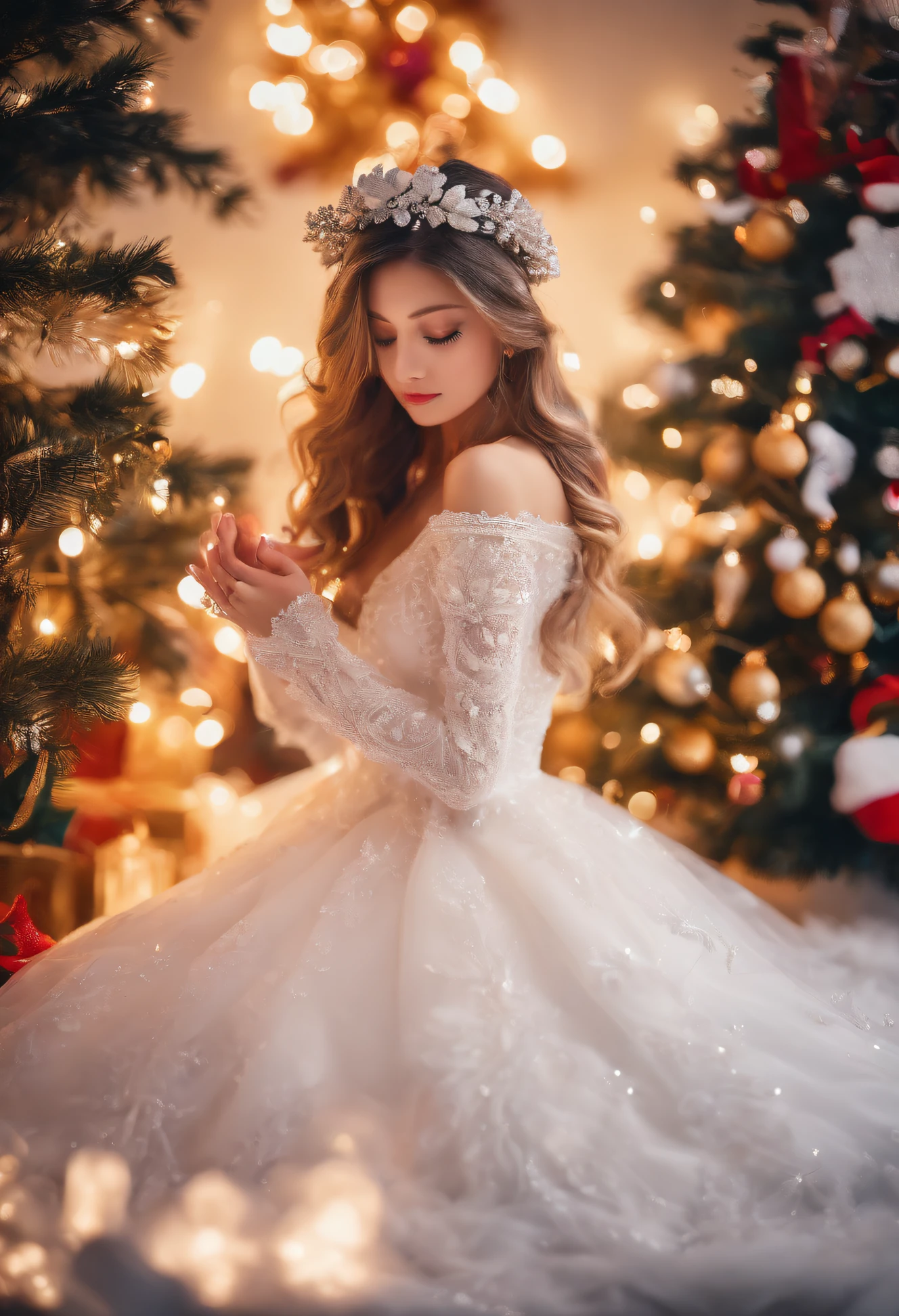 Thick white snow world，A huge 20-meter-tall Christmas tree stands in the center of the fairy tale town，hori&#39;Gypsophila lantern，diamond，Christmas tree branches covered with thick snow，match lamp，The sky  still snowing，The girl clasped her hands together，Make beautiful vows in front of the Christmas tree，girl facing audience，ultra HD picture quality，Ultra-detailed depiction，Contrast color development，proporções perfeitas，dream love beautiful，逼真光线，Uptrend，tmasterpiece，handwriting，8K，Cinematic texture，complicated decoration，Christmas close-up，Close view of couple under tree，Christmas tree close up，increase the brightness，Picture ultra high definition
