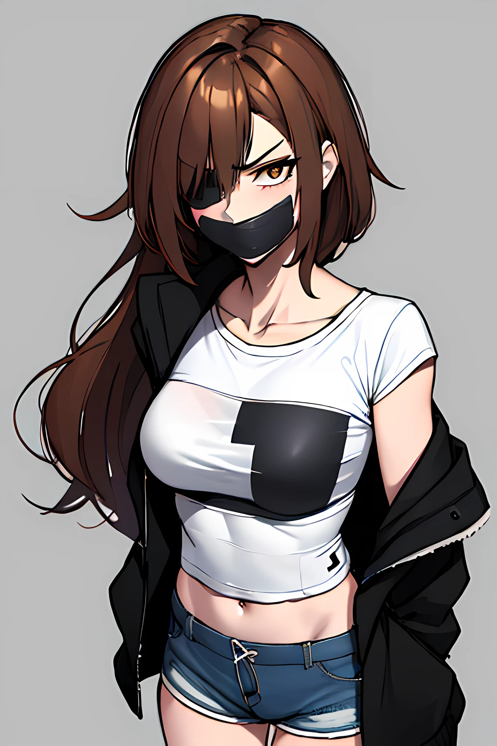 (absurdres, 8k, 4k, masterpiece, hyper extreme detailed:1.2), solo, 1girl, front view, portrait, best quality, expressive eyes, perfect face, 1girl, portrait, solo, standing, Female, toned body, mature female, small breasts, pale, hair covering one eye, dark brown hair, long hair, eyepatch, sarcastic, snarky, soldier, hazel eyes, delinquent, sarcastic, crazy eyes, messy hair, swept bangs, midriff, hand on head, hand on shoulder, exposed collarbone, exposed left shoulder, standing up, annoyed, half body, graphic t-shirt, shorts, jacket, white shirt, graphic t-shirt, tape gag