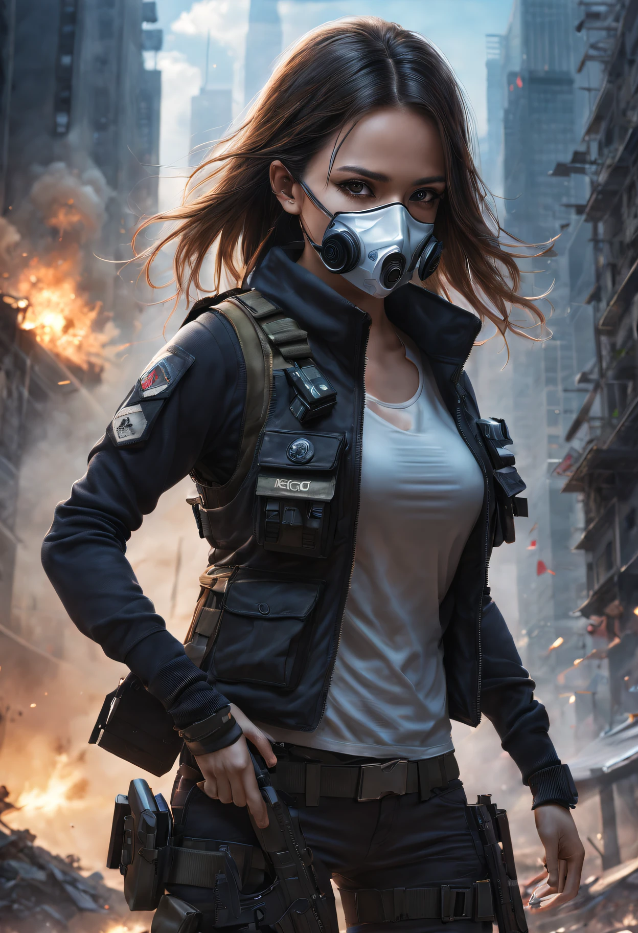 ((high high quality)), ((tmasterpiece)), 8K, girl, bulletproof vest, llight rays, extremely detaild的 CG unified 8k wallpapers, GameCG, looking at viewert, mitts, boots, Full body lesbian, Wrist watch, Computer, masks, UAVs, holdingweapon, Earphone, jaket, (destroyed city in background , blasts , smokes