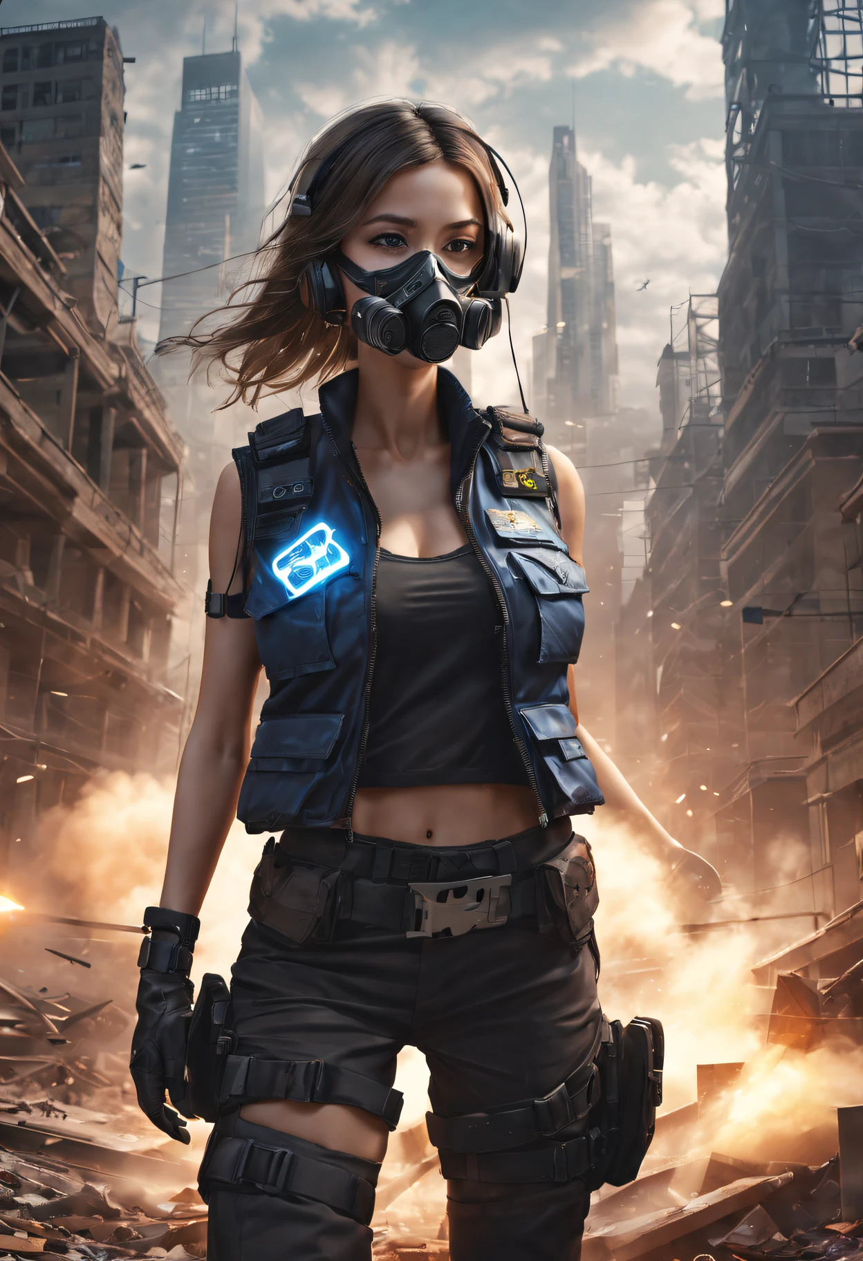 ((high high quality)), ((tmasterpiece)), 8K, girl, bulletproof vest, llight rays, extremely detaild的 CG unified 8k wallpapers, GameCG, looking at viewert, mitts, boots, Full body lesbian, Wrist watch, Computer, masks, UAVs, holdingweapon, Earphone, jaket, (destroyed city in background , blasts , smokes