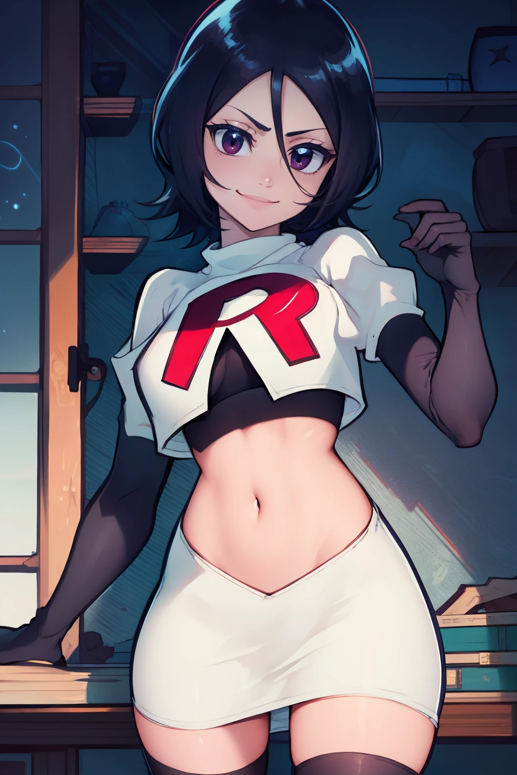 Rukia kuchiki ,team rocket uniform, red letter R, white skirt,white crop top,black thigh-high boots, black elbow gloves, smile, looking at viewer, cowboy shot, sexy pose