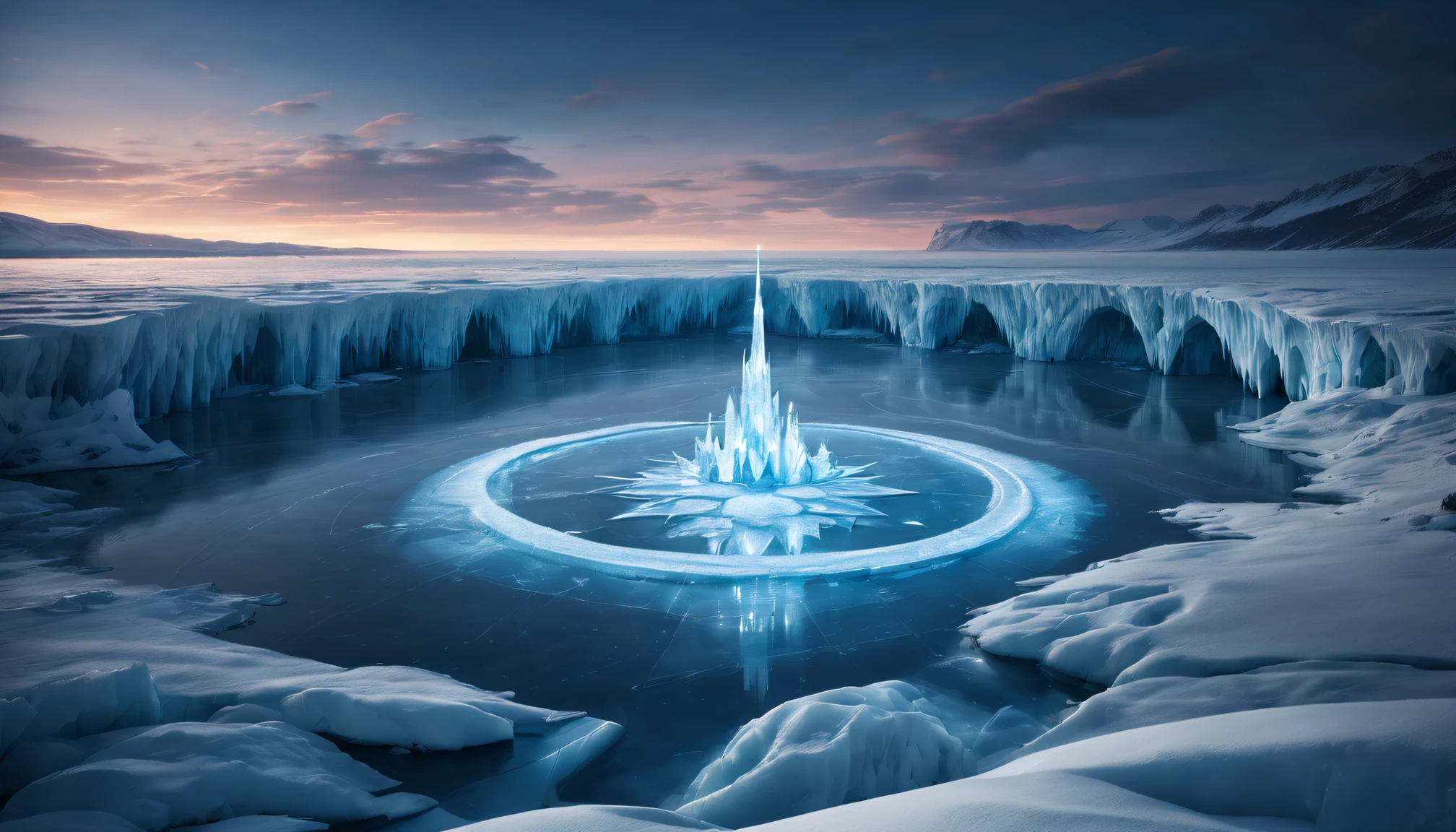 wallpaper hd, Glowing arcs and metal light chains on the frozen lake, Movie poster style and HD top view photography, game of thrones style, Unpleasant, terror, Scary look, hyper HD, 8K分辨率, balancing, High dynamic range color, to emphasize