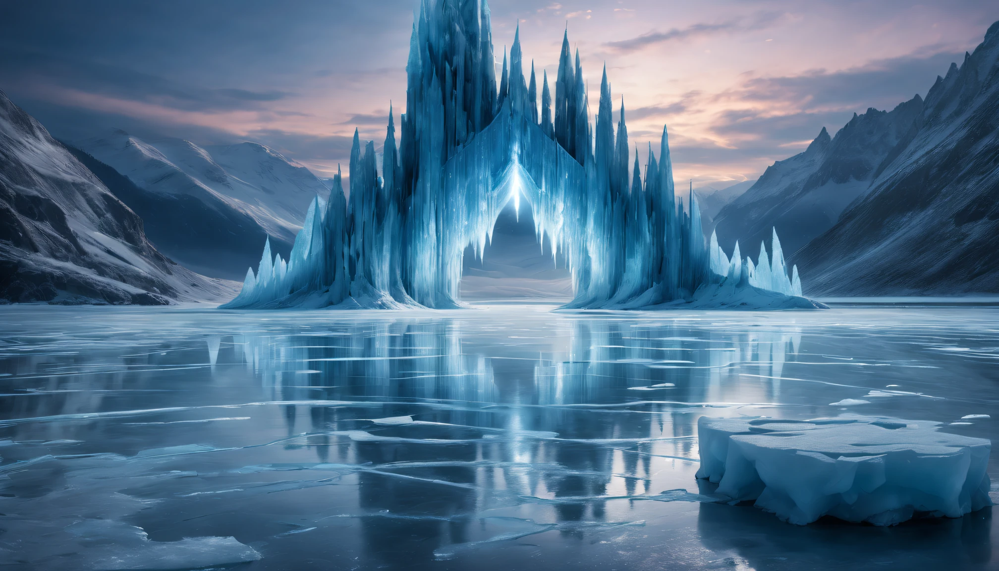 wallpaper hd, Glowing arcs and metal light chains on the frozen lake, Movie poster style and HD top view photography, game of thrones style, Unpleasant, terror, Scary look, hyper HD, 8K分辨率, balancing, High dynamic range color, to emphasize