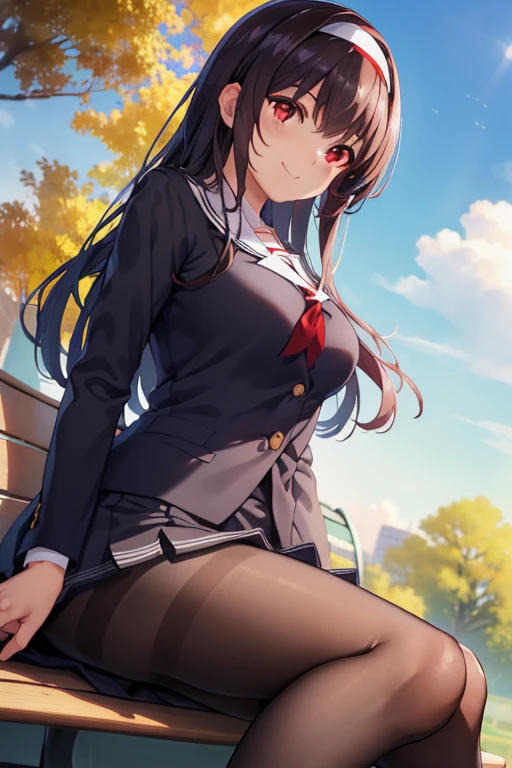 best quality, high resolution, unity 8k wallpaper, (illustration:0.8), (beautiful detailed eyes:1.6), extremely detailed face, perfect lighting, extremely detailed CG, (perfect hands, perfect anatomy), kasumigaokautaha, ((full body)), ((full pose)), ((slim body)), ((perfect body)), ((slim legs)), utaha kasumigaoka, black hair, hairband, long hair, (red eyes:1.5), masterpiece, best quality, highres, kasumigaoka utaha, 1girl, solo, ((sitting on bench:1.4)), crossed legs:1.4, medium breasts, blushing, black hair, hairband, red eyes, ((white hairband:1.4)), bangs, medium breasts, blushing, ((wide smile:1.4)), cowboy shot, ((looking at viever)), bathroom background, long sleeves, school uniform, skirt, ((black pantyhose:1.4)), ((black loafers:1.4)), ((Sky from below:1.4)), park background, ((sunny day:1.4))