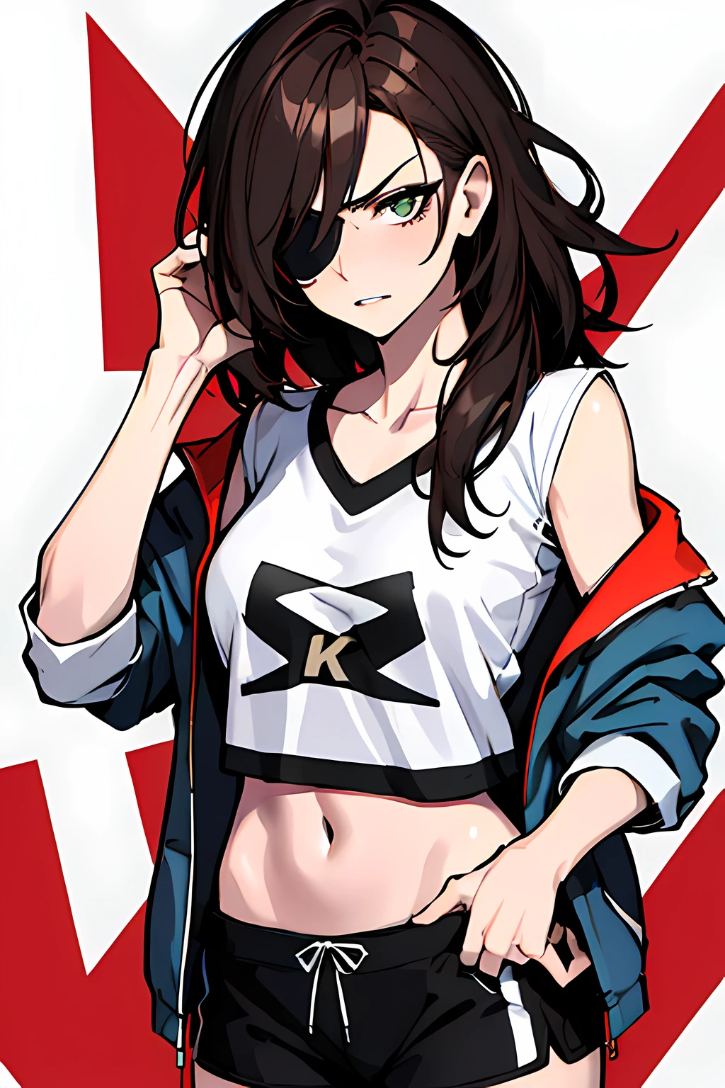 (absurdres, 8k, 4k, masterpiece, hyper extreme detailed:1.2), solo, 1girl, front view, portrait, best quality, expressive eyes, perfect face, 1girl, portrait, solo, standing, Female, toned body, mature female, small breasts, pale, hair covering one eye, dark brown hair, long hair, eyepatch, sarcastic, snarky, soldier, hazel eyes, delinquent, sarcastic, crazy eyes, messy hair, swept bangs, midriff, hand on head, hand on shoulder, exposed collarbone, exposed left shoulder, standing up, annoyed, half body, graphic t-shirt, shorts, jacket, white shirt, graphic t-shirt,